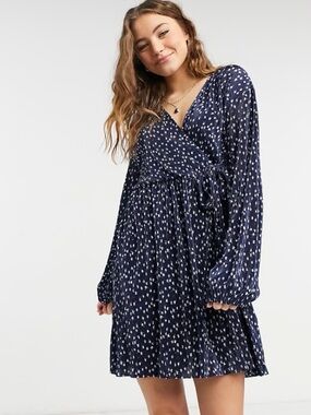 ASOS Navy and White Ditsy-Print Wrap Long Sleeve Dress